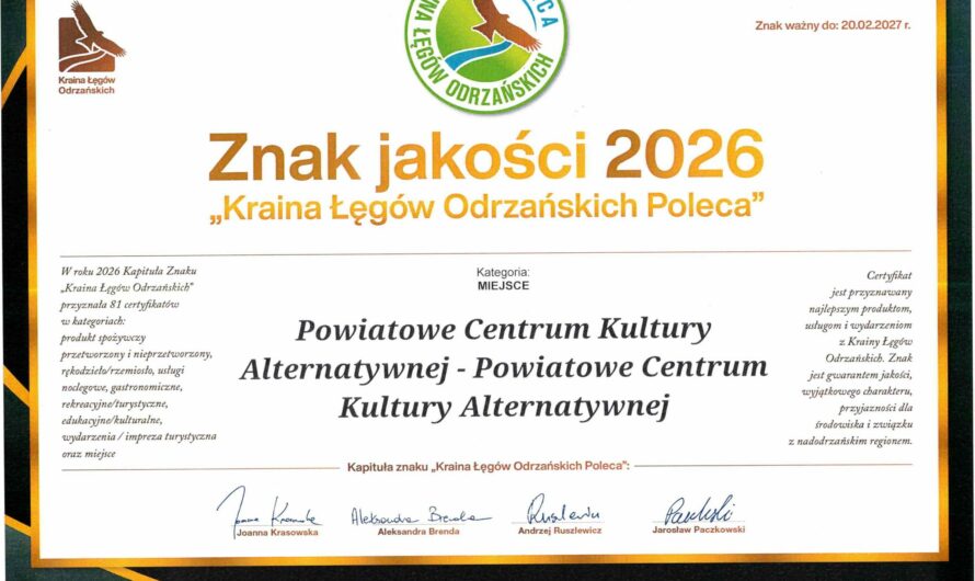 Kolejny Certyfikat znaku jakości Krainy Łęgów Odrzańskich